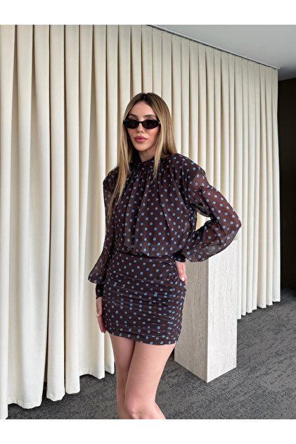 Laluvia Brown Polka Dot Mini Dress - 6261- Trendyol
