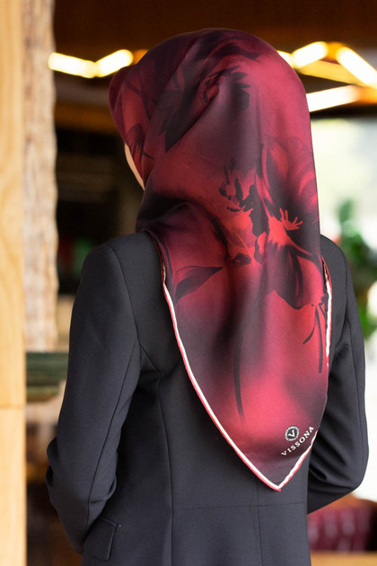 Twill Silk Scarf Burgundy, Abstract Floral Pattern