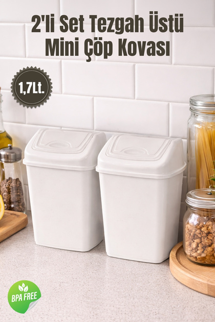 Mini Çöp Kovası 2’li Set 1,7 Lt. - Tezgah Üstü - Kapaklı - BPA Free - Ofis & Mutfak Kullanım