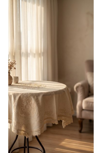 Buldan Raw Linen Tablecloth with Hand Embroidered Lace 86X86 100% Cotton Fiskos