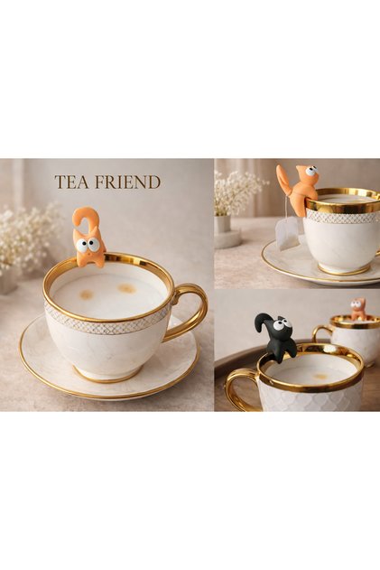 (2'li Set) Sevimli Kedi Figürlü El Boyaması Bitki Çayı Poşet Tutucu & Kupa Süsü - Tea Buddy 😺