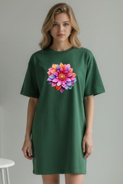 Elbisee Women's Red Oversize T-Shirt Dress – Colorful Floral Print