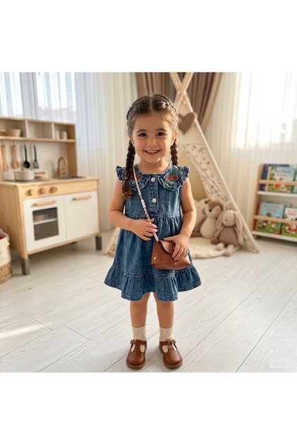 Girls' Washable Half-Patch Denim Jeans Dress with Cherry Embroidery Pattern and Bag