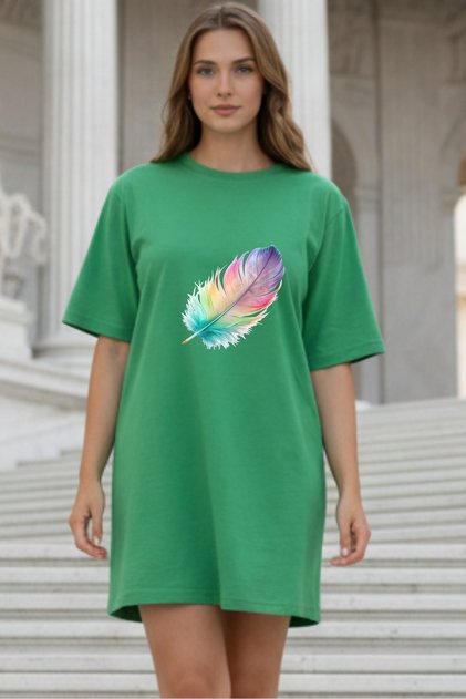 Elbisee Red Oversize Women's T-Shirt Dress – Colorful Feather Pattern