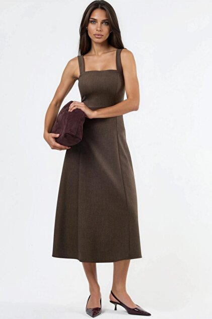 Hiccup Qu Style Square Neck A-Line Midi Dress- Trendyol