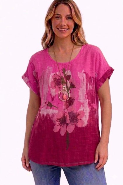 Women's Italian Fuchsia Round Collar Oversize Loose 100% Cotton Short Sleeve Blouse with Necklace
