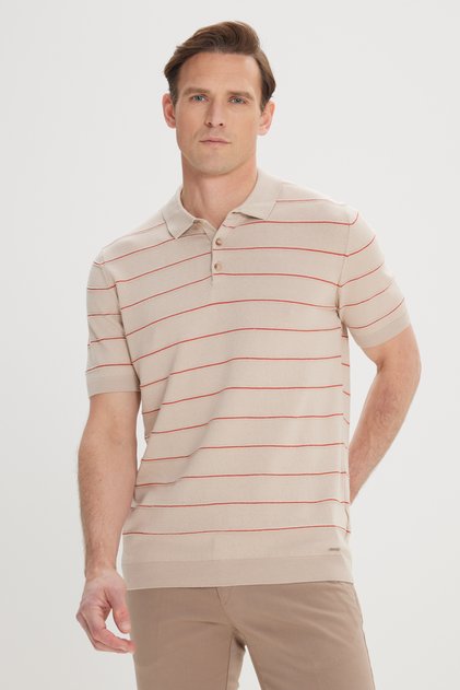 Men's Mink-Orange Standard Fit 100% Cotton Striped Polo Collar Knitwear T-Shirt