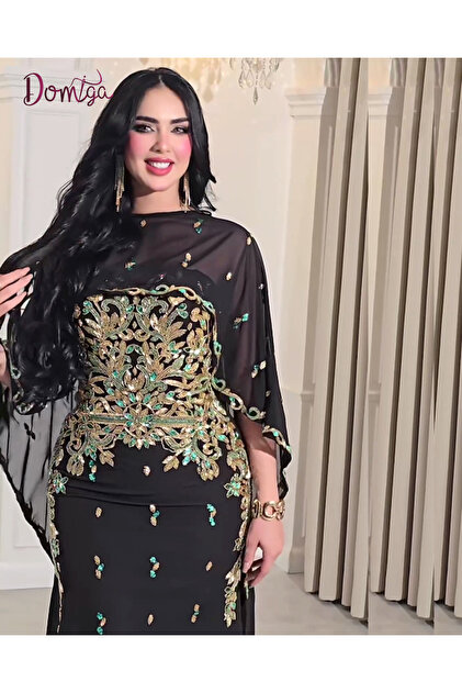 فستان سهرة فاخر من قطعتين بقصة حورية البحر مع عباءة من الشيفون