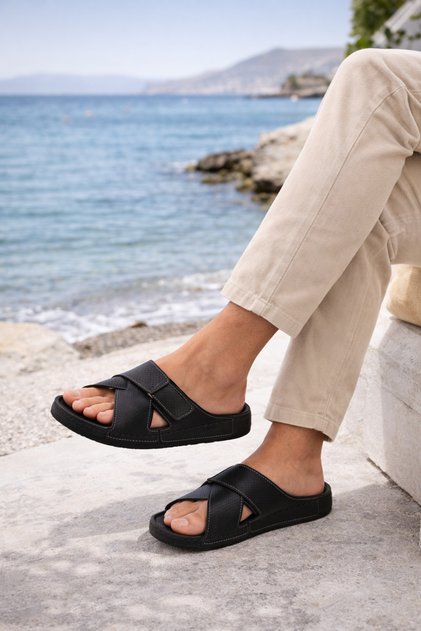 Orthopedic Sole, Velcro Stitched, Comfortable Leather (Synthetic) Men's Slippers