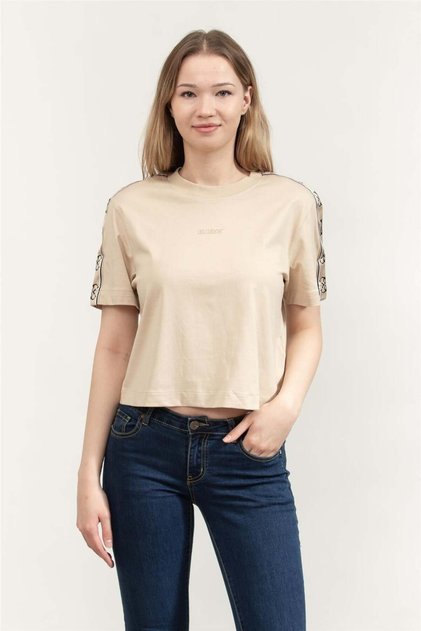 Britney Kadın Aktif Boxy Fit Bisiklet Yaka T-Shirt Bej