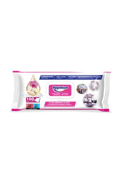 Servetele umede Hygienium, 100 buc, 23x21, 5 cm, cu bicarbonat si otet, parfum orhidee si vanilie