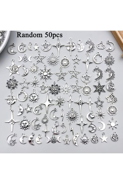 SN1285-50 قطعة عشوائية 20/50/100 قطعة من سبائك معدنية على شكل نجمة وقمر فضي قديم لصنع سلاسل المفاتيح بنفسك E