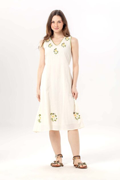 Eliş Şile Bezi Sleeveless Legendary V-Neck Embroidered Summer Chiffon Midi  Dress Cream Krm- Trendyol