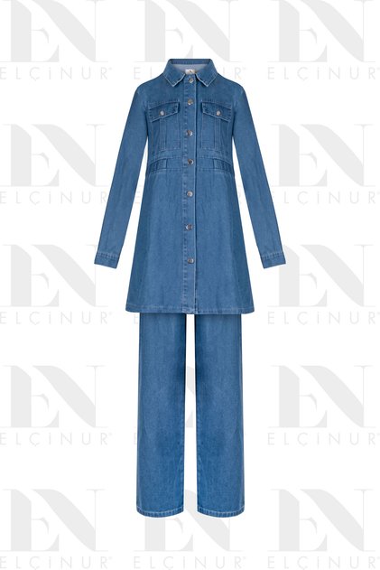 26353 Denim Kot Tunik Pantolon Takım – Düğmeli Cep Detaylı Modern Tesettür Takım