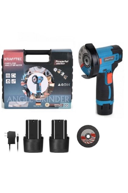 Set polizor unghiular fără fir KRAFTEC 24V cu 2 baterii, lame de 75mm, geantă transport, compact