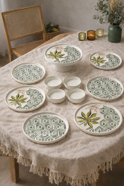 Botanik 6-Person 11-Piece Ceramic Breakfast Set & Patterned Presentation Set with Snack Bowl and Serving Plate