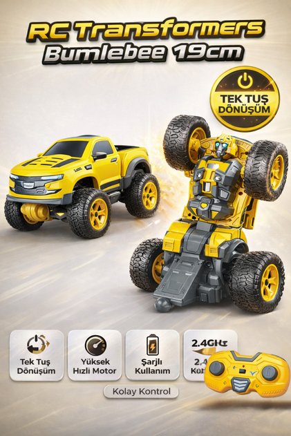 Uzaktan Kumandalı Şarjlı RC Transformers Bumblebee 19cm – Tek Tuş Robot Dönüşüm, Akrobatik Stunt Car