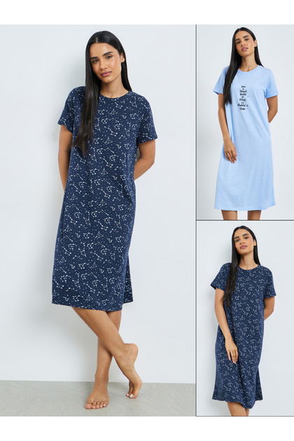 Pack Of 2 - Slogan and All-Over Constellation Print Sleep T-Shirt
