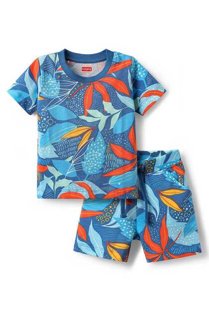 Single Jersey Knit Half Sleeves T-Shirt & Shorts Co-ord Set with Tropical Print - Blue
