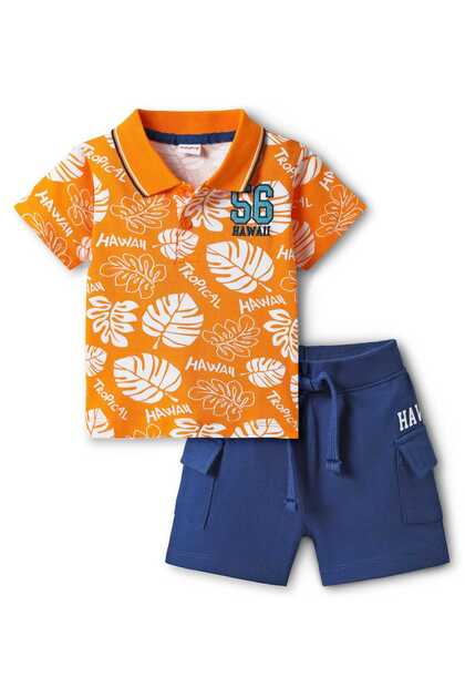 Single Jersey Knit Half Sleeves Polo T-Shirt & Short With Tropical Print - Orange & Blue
