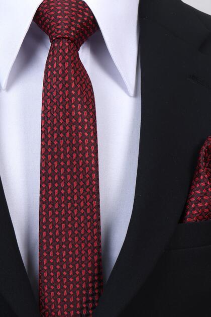 Hand Made 6 cm Slim Patterned Black Red Color Thin Tie with Handkerchief