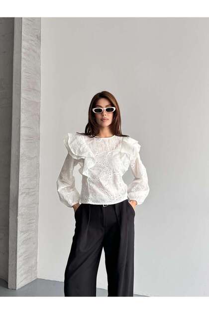Flounce Sleeve Scallop Blouse White