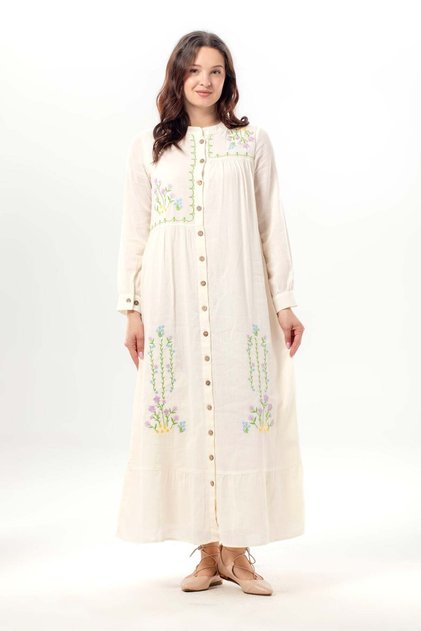Long Sleeve Cheerful Embroidery Detailed Buttoned Summer Dress Cream Color