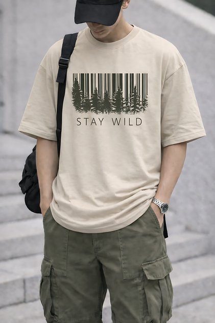 Stay Wild Text and Nature Printed Unisex Oversize T-Shirt – Cotton Crew Neck Casual T-Shirt