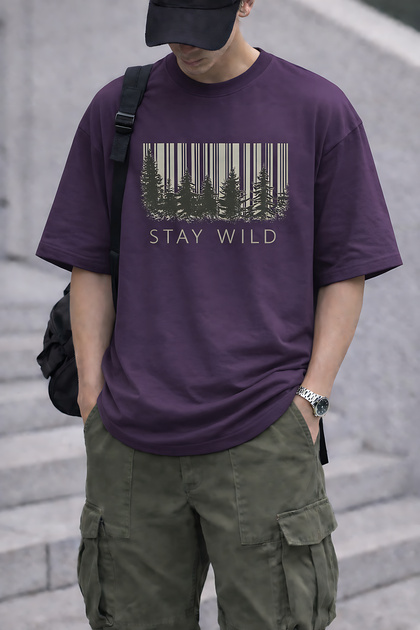 Stay Wild Text and Nature Printed Unisex Oversize T-Shirt – Cotton Crew Neck Casual T-Shirt
