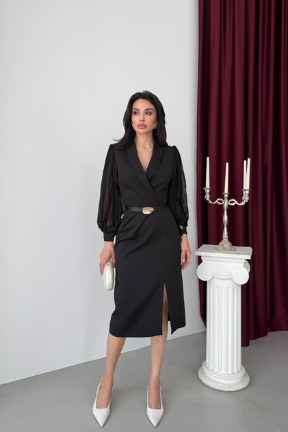 Black Gold Belt Detailed Midi Evening Dress