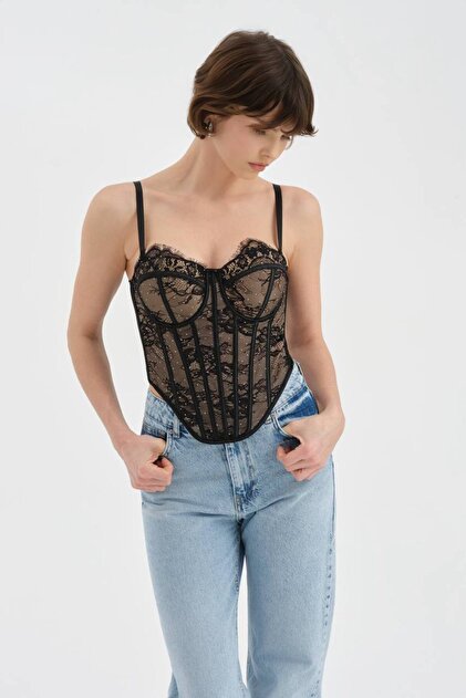 Women's Lace Fabric Detailed Underwire Design Blouse Corset
