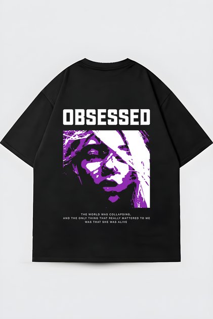 تي شيرت أسود كبير الحجم مطبوع عليه Obsessed للجنسين