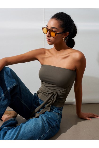 32841 Tie-Up Bandeau Top-Khaki