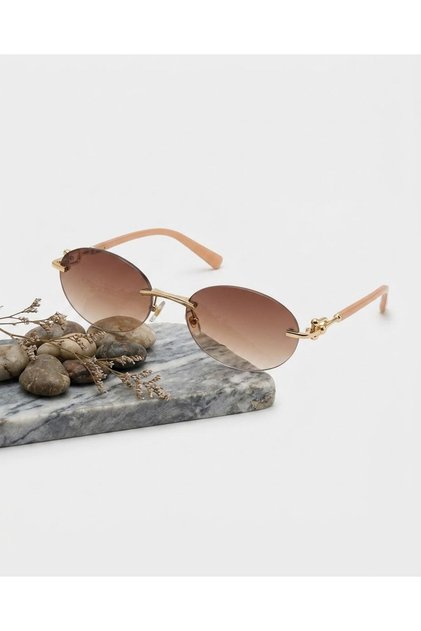 Arya Gold Metal Oval Frameless Gold Women's Sunglasses with Brown Gold Accessories Uv400 Protection