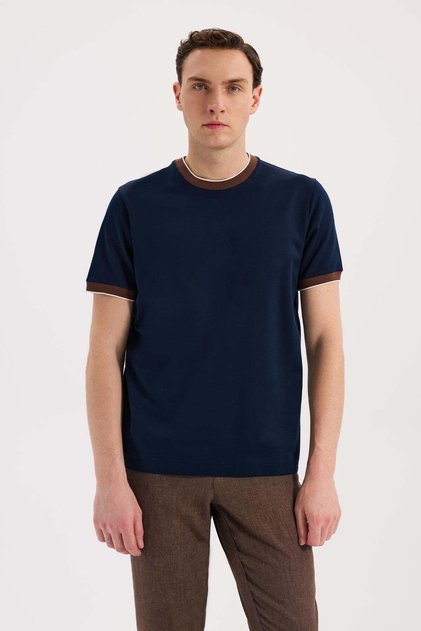 Navy Blue Slim Fit Crew Neck 100% Cotton T-Shirt