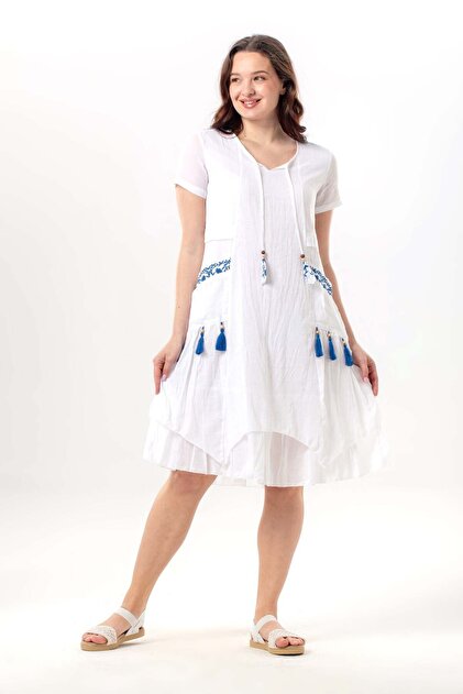 Rochie de vară cu mâneci scurte, din voal de Nil, până la genunchi, cu buzunare duble, brodată, albă, Byz