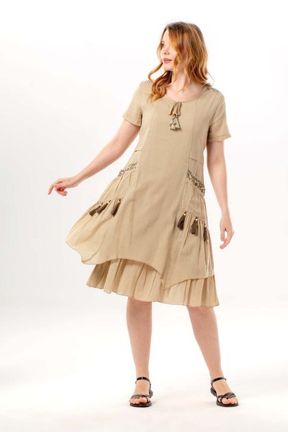 Short Sleeve Nile Voile Knee Length Double Pocket Embroidered Summer Dress Mink Vzn