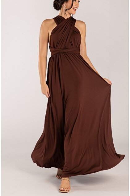 morche Women's Sleeveless Long Evening Dress with Flare Skirt with  Different Tie Collar- Trendyol