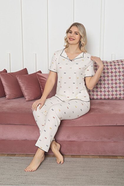 Women's Short Sleeve Soft Tuşe Summer Wrinkled Fabric Pajama Set
