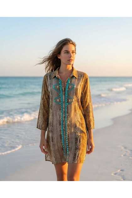 Women's Ethnic Patterned Bohemian Tunic Dress - Turquoise Pom-Pom and Bead Embellished Shirt Dress
