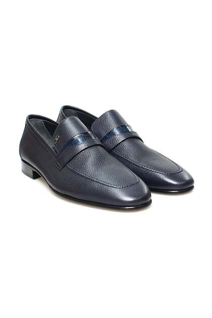 Dark Blue Color Laceless Genuine Leather Leather Sole Men's Shoes