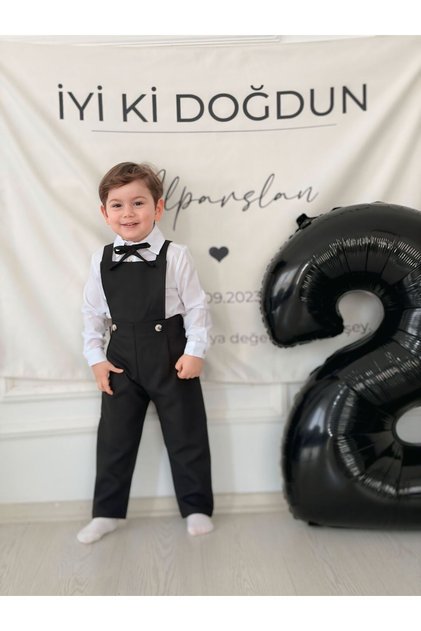 Siyah Bahçıvan Model Uzun Gömlekli Erkek Bebek Çocuk Takım Set