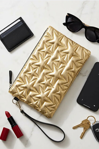 Star Patterned Portfolio Handbag Clutch Bag with Wrist Strap