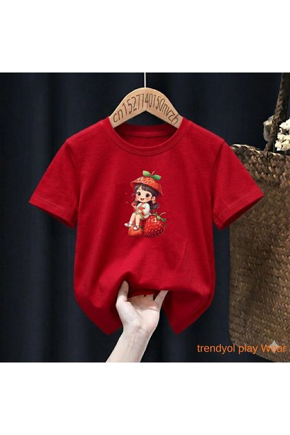 Girl with Strawberry Hat Printed 100% Children's Unisex T-Shirt 5 6 -7 8-9 10 -11 12 Years Old
