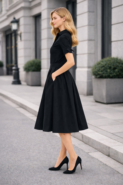 black below the knee dress Ruched / L Expertly crafted with crepe fabric Half Sleeve Faux Wrap Below-the-Knee