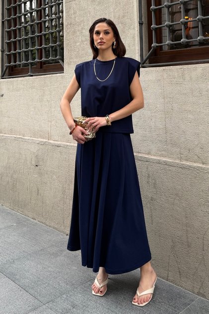 Women's Navy Blue Modal Touch Padded Blouse and Pleated Skirt Top and Bottom Set