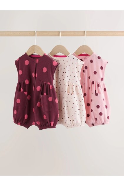 100% Cotton Pink Polka Dot Buttoned Baby Rompers 3-Pack