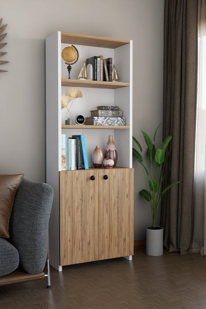 Kapaklı Çok Amaçlı Salon Dolabı 150x50x22 cm Raflı Kitaplık Dekoratif Depolama Ünitesi