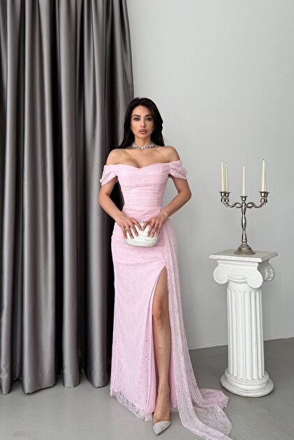 Powder Off-Shoulder Draped Lace Fabric Evening Dress