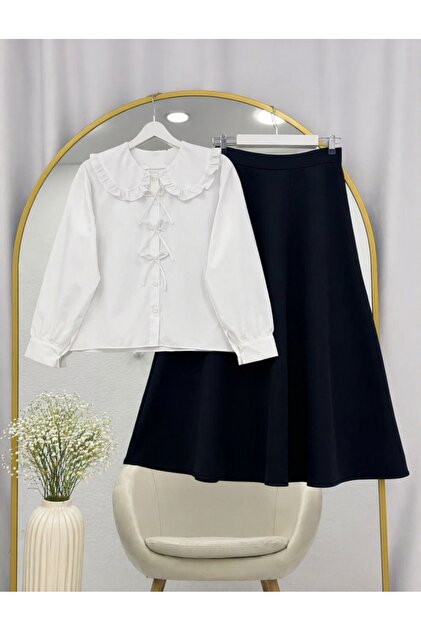 Women's Bow Detailed Puff Scuba Skirt Set -05200